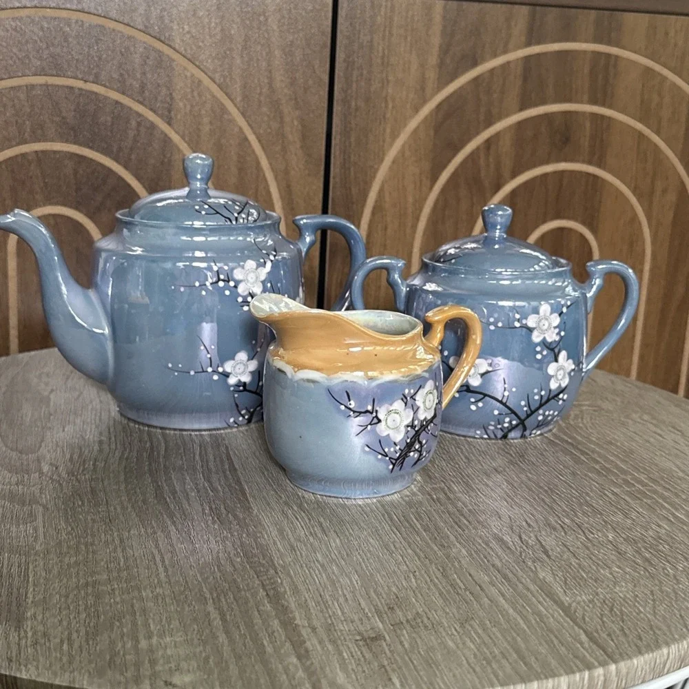 Vintage Cherry Blossom Teapot, Sugar, Creamer set, Made in Japan —Lusterwear